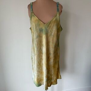 Maria Maurio Tie Dyed Yellow Green Silk V-Neck Low Back Slip Dress EUC Size M